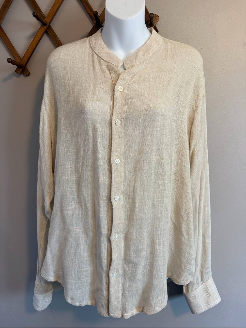 Las Tres Marías Linen Band Collar Guayabera Shirt Cream Beige L